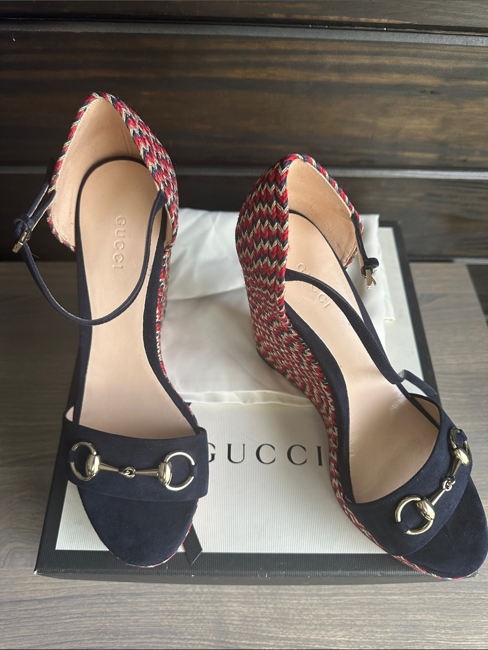 Gucci Navy Suede & Multicolor Woven Wedge Sandals